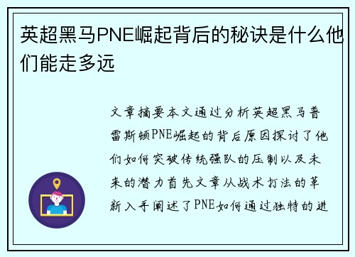 英超黑马PNE崛起背后的秘诀是什么他们能走多远